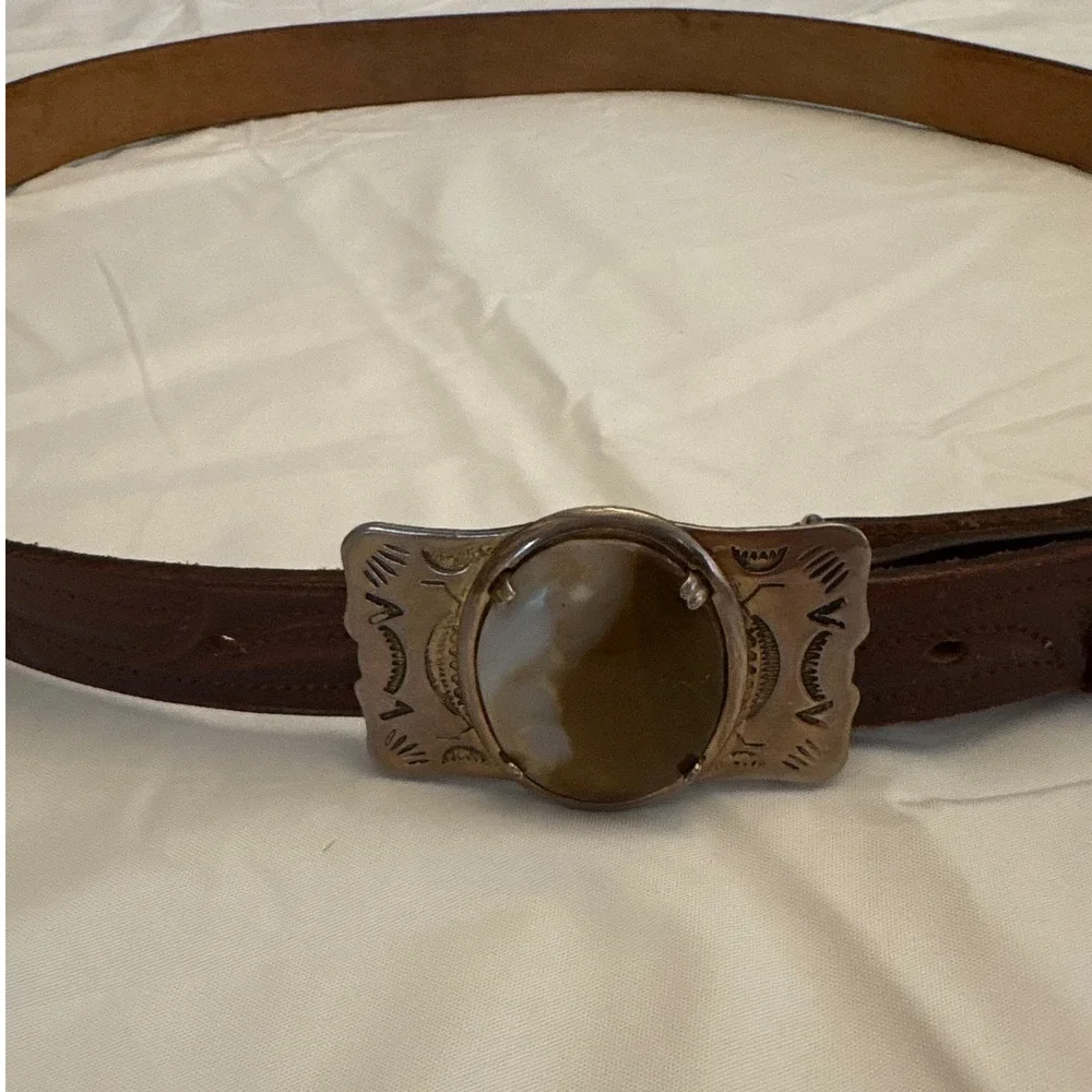 Vintage Handmade Tex Tan Leather‎ Belt Western Style Stone Buckle Brown Size 38